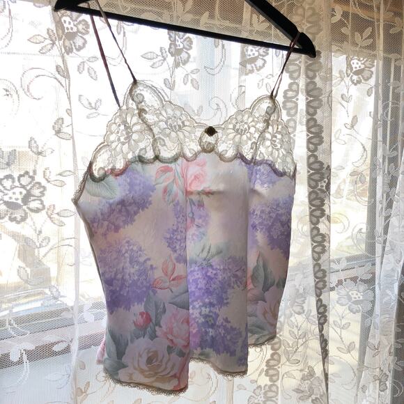 Lucie Ann Floral Lace Camisole Women 36 USA Made Pastel Roses Hydrangea - Picture 1 of 12